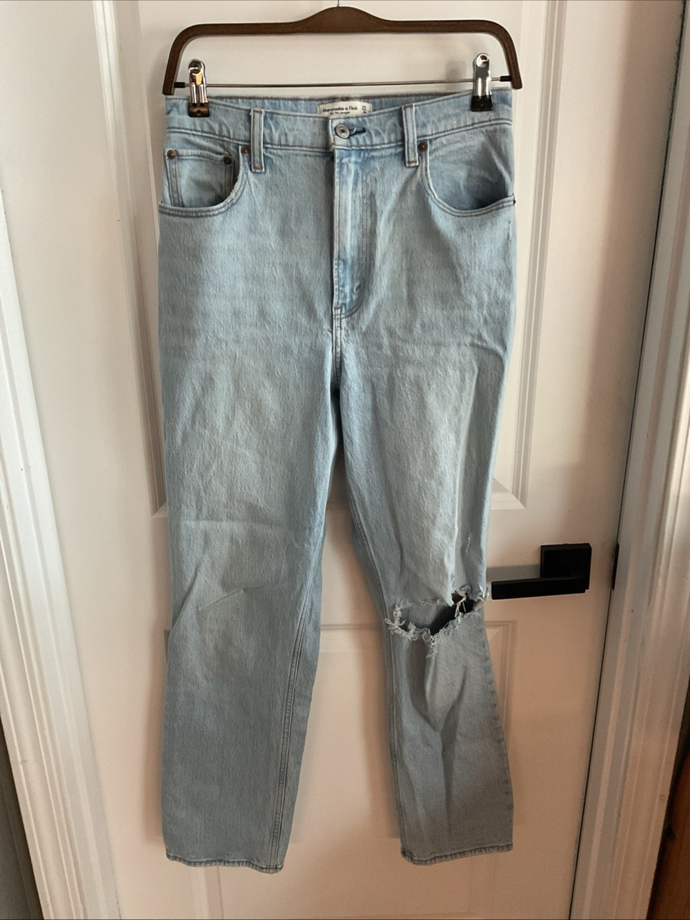Abercrombie & Fitch Light Blue Straight Leg Jeans with Knee Rip
